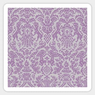 Lavender and Dusty Gray Weird Medieval Lions, Cherubs, and Skulls Scrollwork Damask Sticker